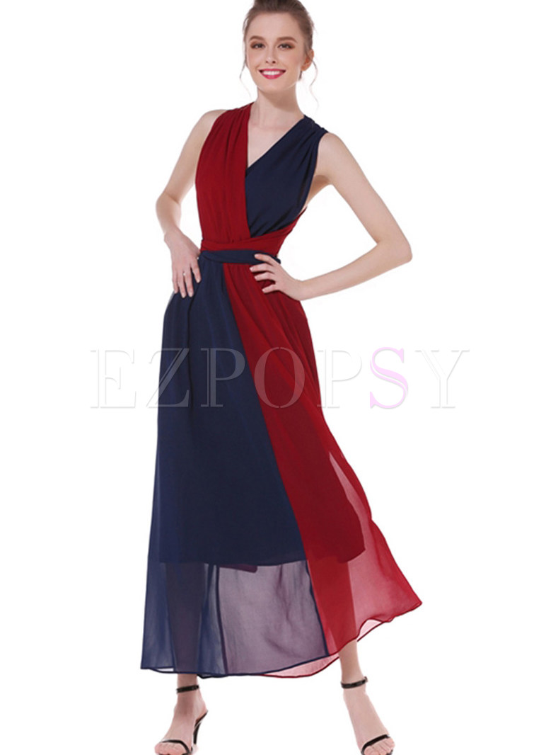 Color-blocked V-neck Sleeveless Waist Big Hem Maxi Dress
