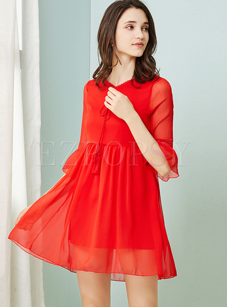 Brief Red V-neck Flare Sleeve Waist Skater Dress