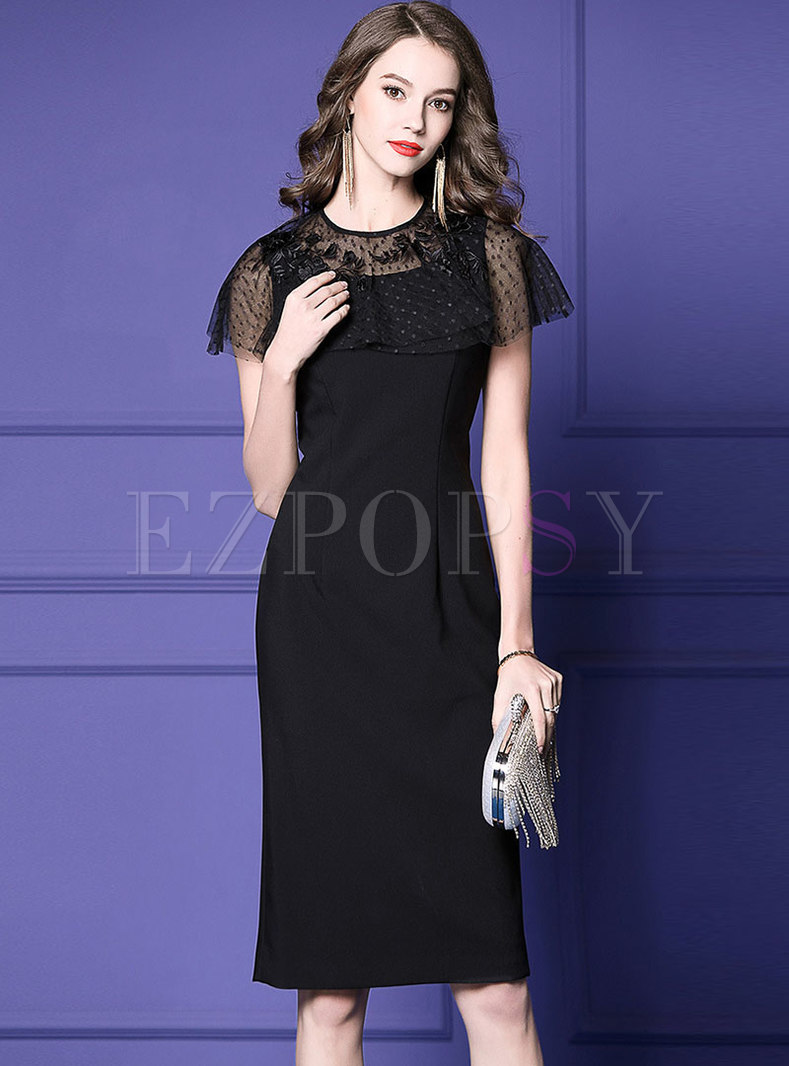 Trendy Black Embroidered Cape Sheath Dress