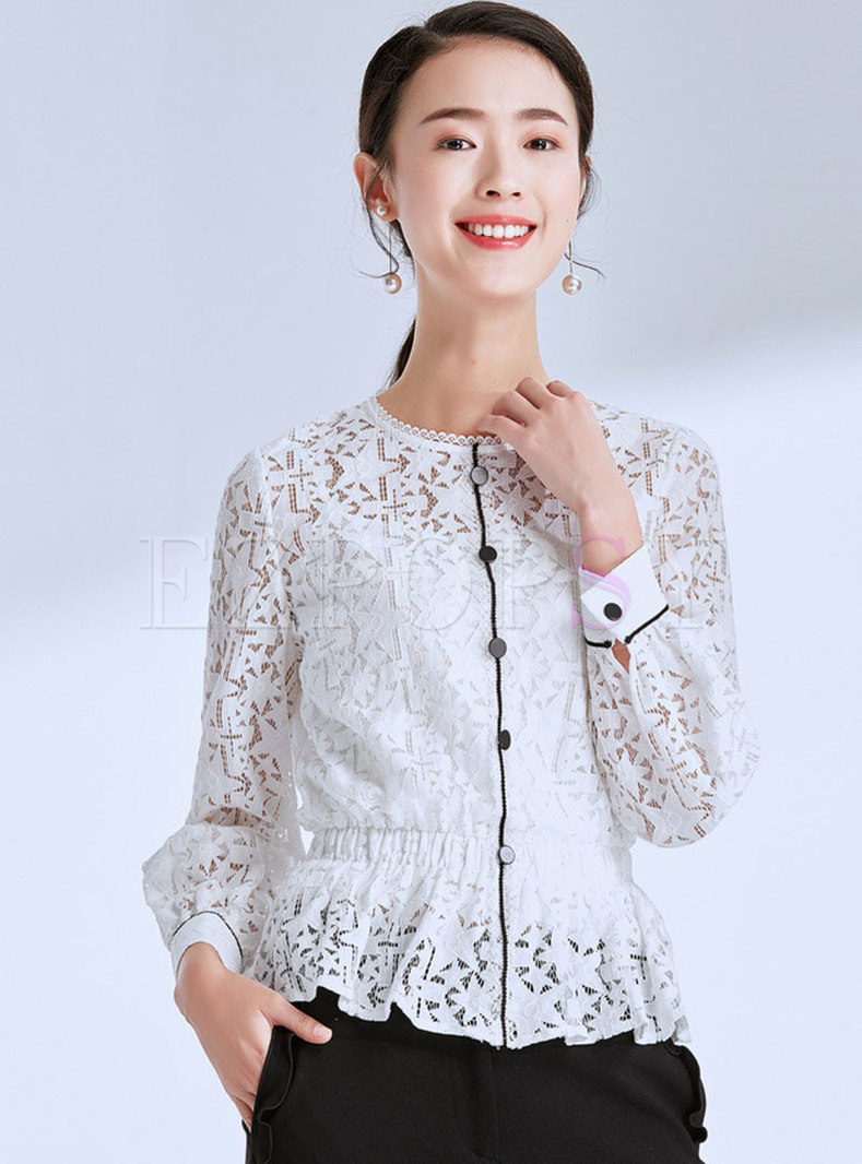 White Lace O-neck Single-breasted Falbala Pullover Blouse With Cami