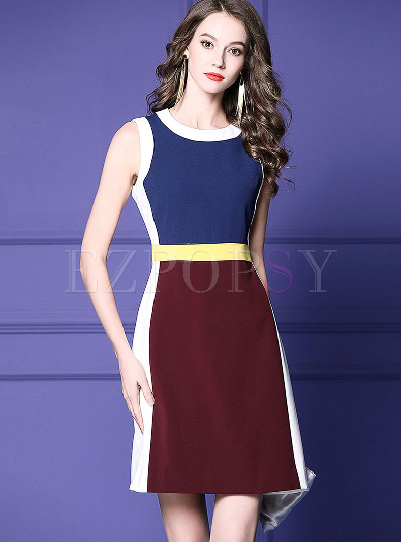 Color-blocked O-neck Sleeveless High Waist Mini Dress