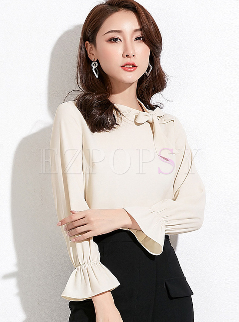 O-neck Bowknot Tied Long Sleeve Pullover Blouse