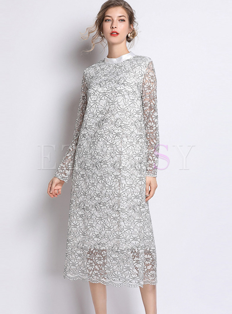 Plus Size O-neck Long Sleeve Hollow Out Lace Shift Dress