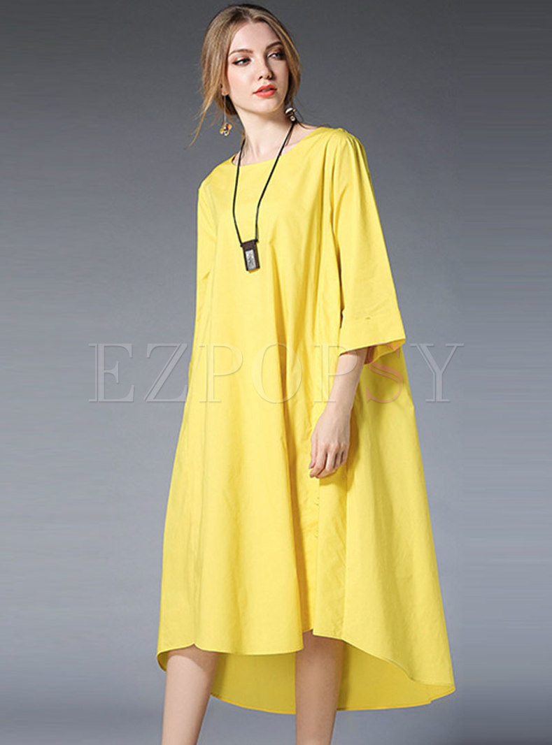 Casual Solid Color O-neck Three Quarters Sleeve Asymmetric Loose Dress