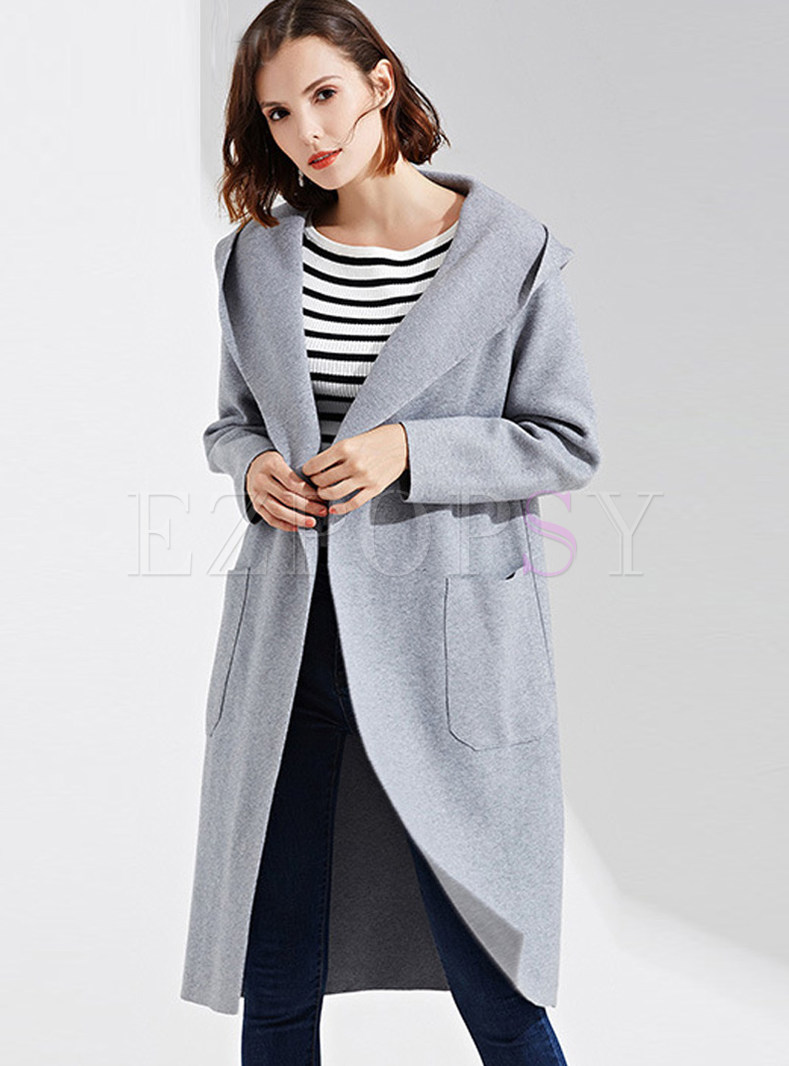 Casual Brief Solid Color Loose Hooded Long Coat