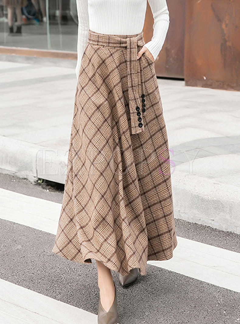 Fashion Plaid High Waist Tied Big Hem Woolen Skirt