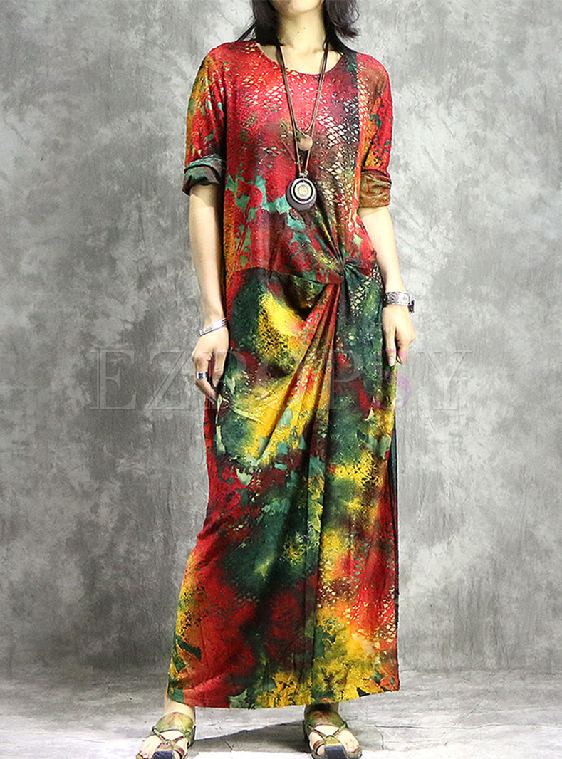 Multi Color Print O-neck Slit Ankle-length Loose Dress