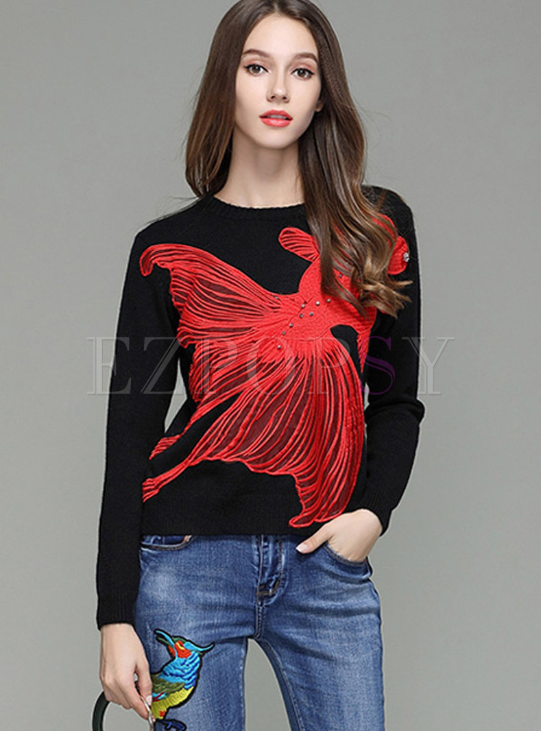 Bead Embroidered Crew Neck Long Sleeve Sweater 