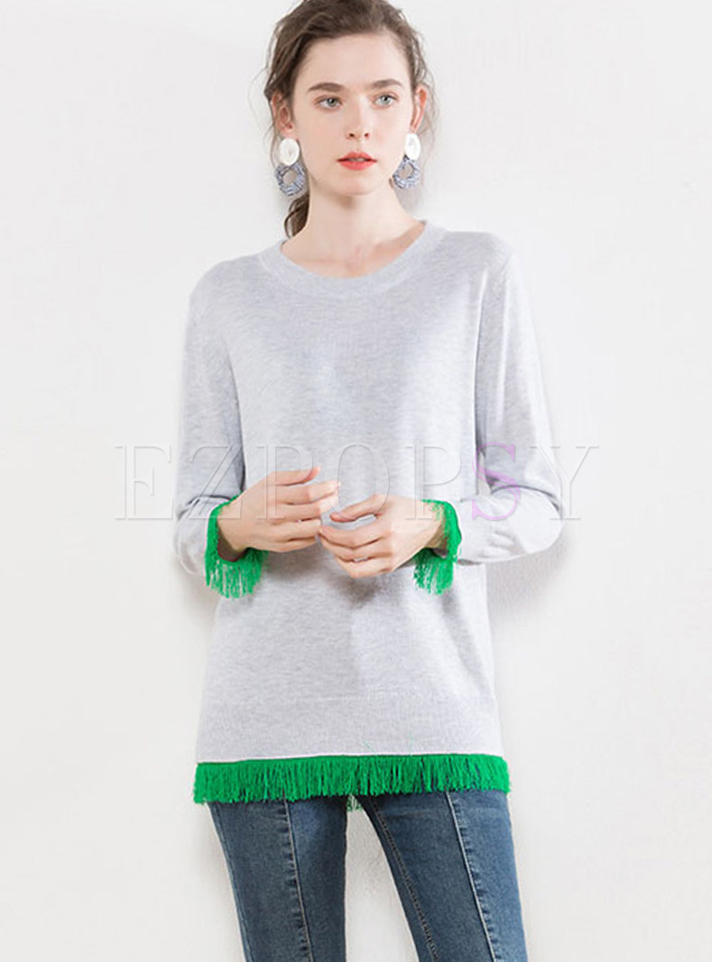 Trendy Hit Color Tassel Patch O-neck Sweater
