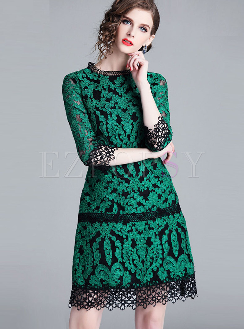Trendy Pure Color Lace-paneled Mesh Skater Dress