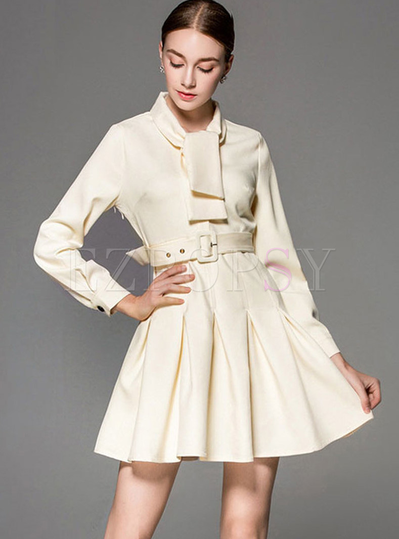 Pure Color Stand Collar Tied Belted A Line Dress