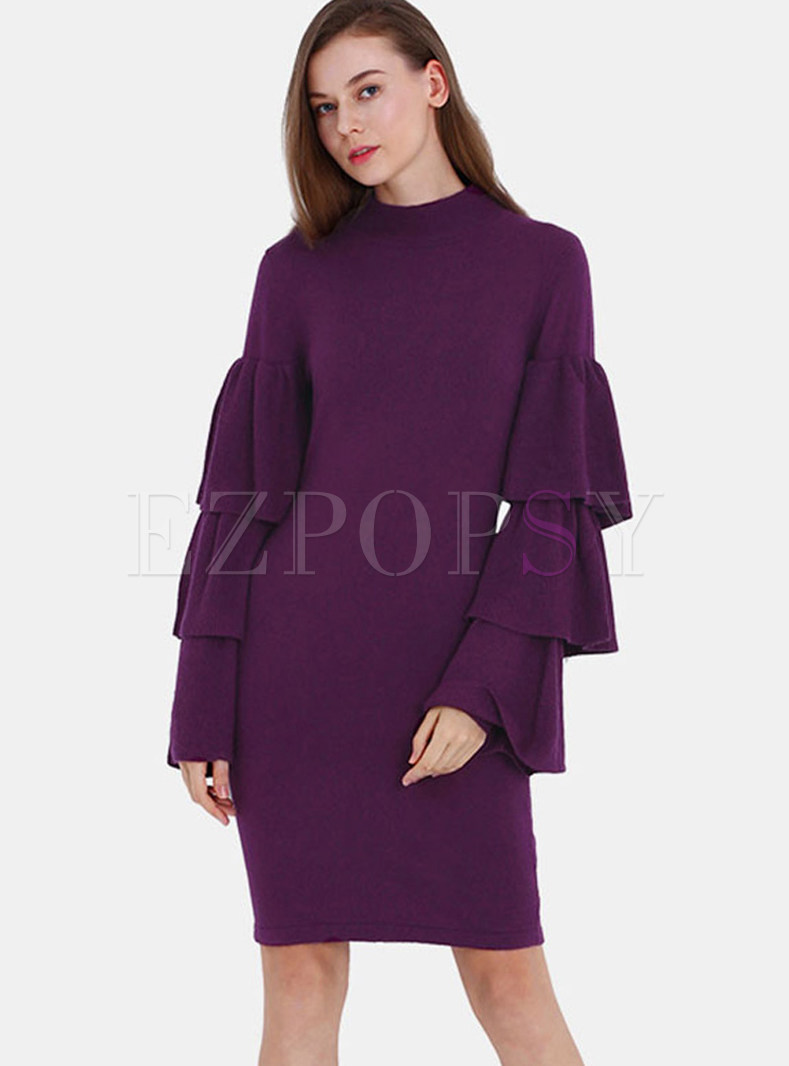 Chic Pure Color Flare Sleeve Sheath Sweater Dress