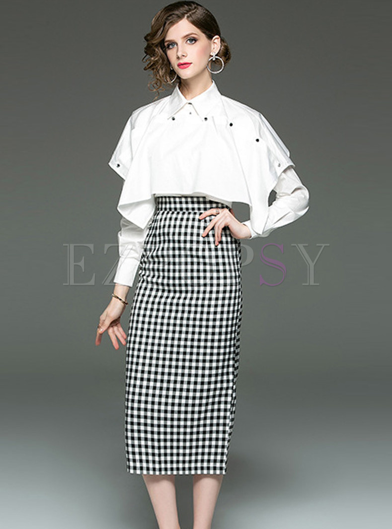 Trendy Lapel Patchwork Long Sleeve Blouse & Slim Plaid Skirt