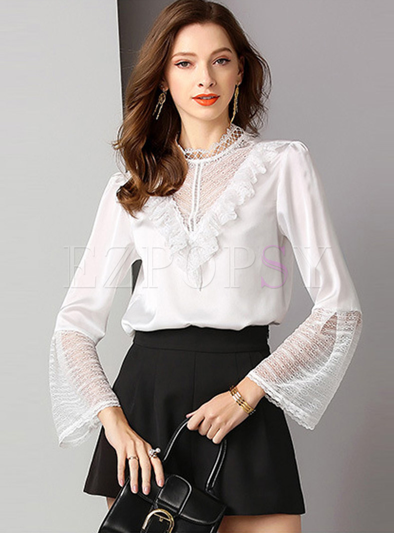 Sweet Flare Sleeve Hollow Out Splicing Lace Blouse