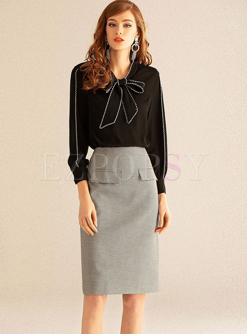 Solid Black Long Sleeve Blouse & Houndstooth Slim Skirt