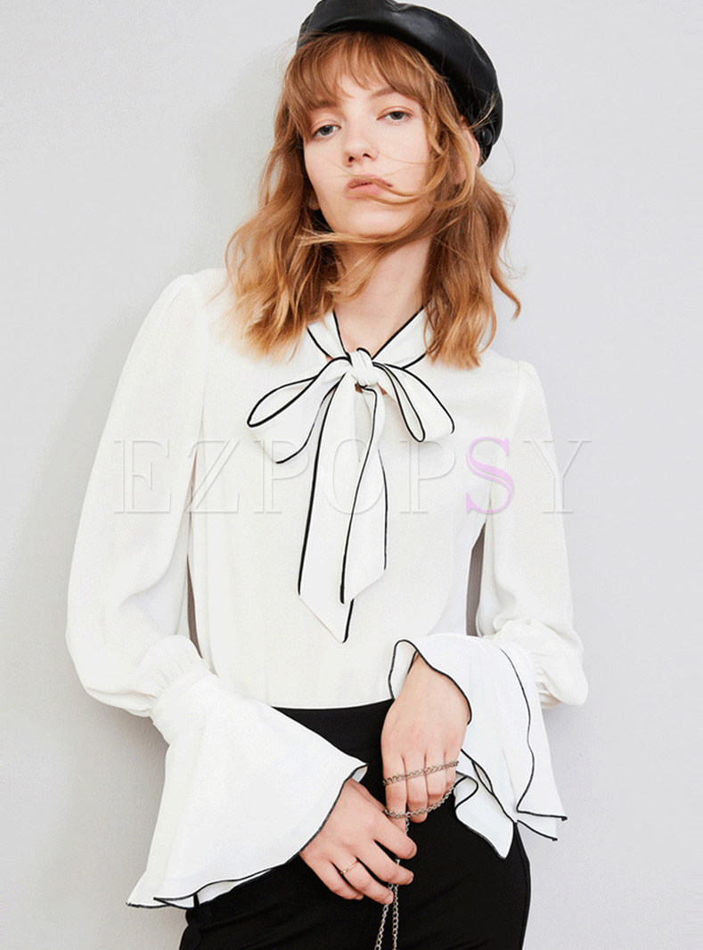 Brief White Bowknot Tied Loose Chiffon Blouse
