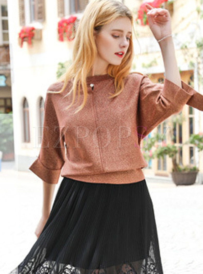 Fashion Solid Color O-neck Bat Sleeve Beaded Sweater