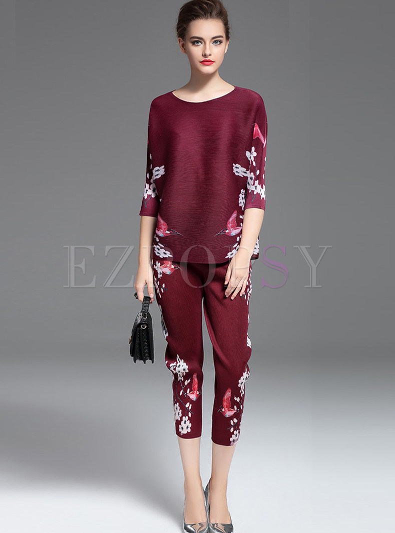 Casual O-neck Bat Sleeve Print Slim Two Piece Outfits
