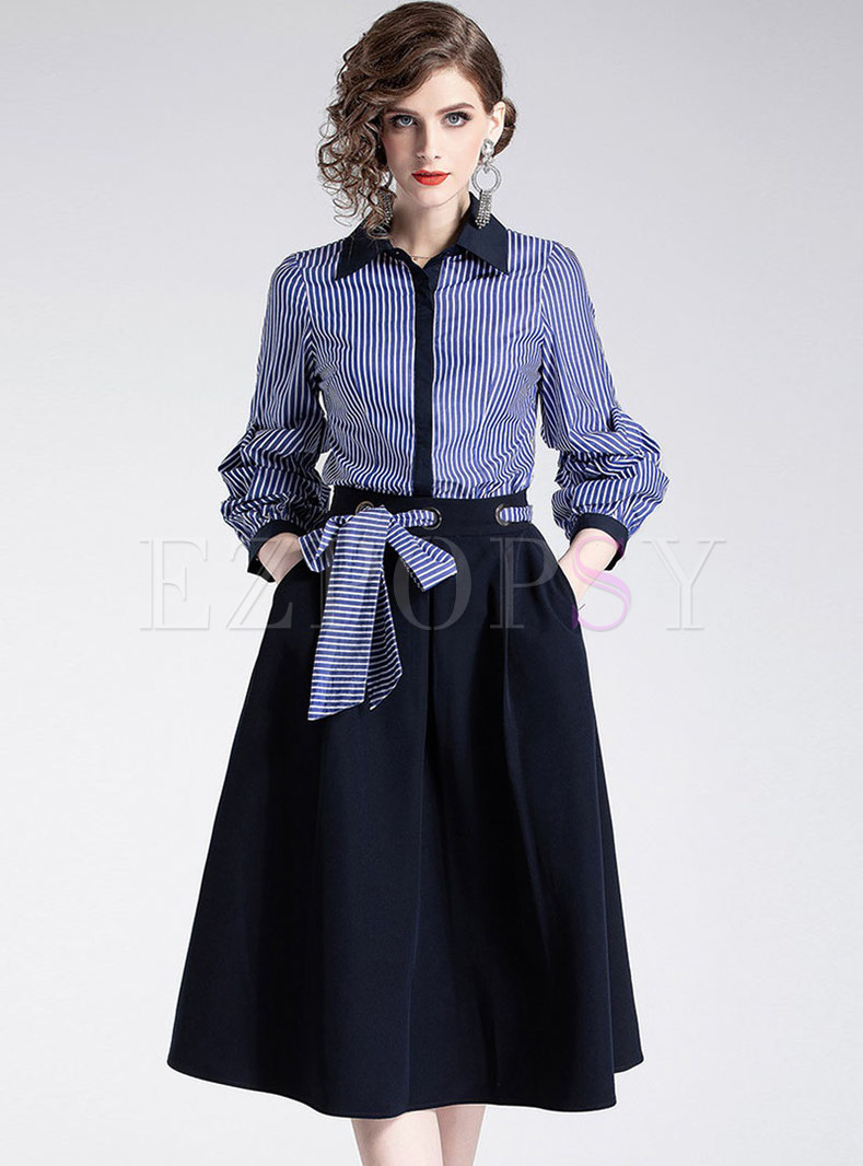 Striped Lapel Puff Sleeve Slim Blouse & High Waist Belted A Line Skirt