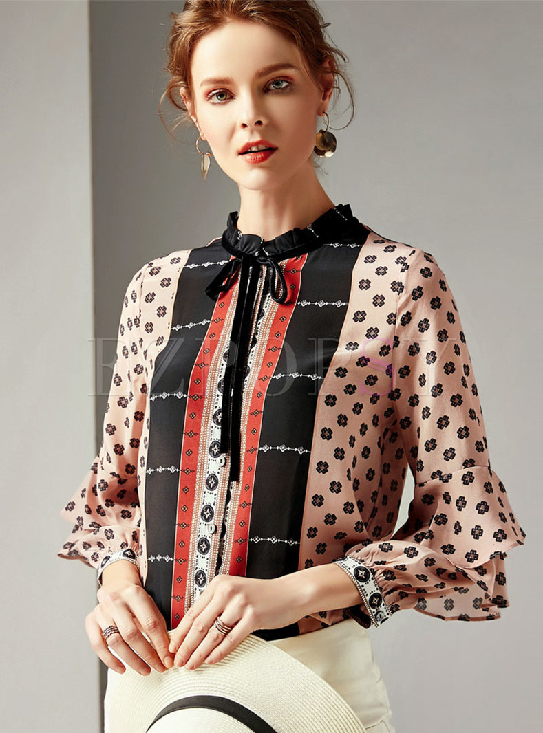 Chic Ruffled Collar Print Single-breasted Blouse