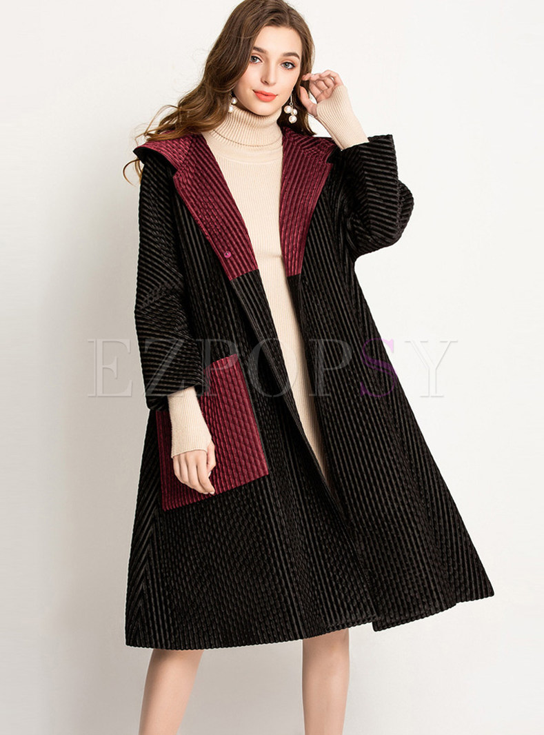 Fashion Color-blocked Hooded Long Sleeve Loose Overcoat