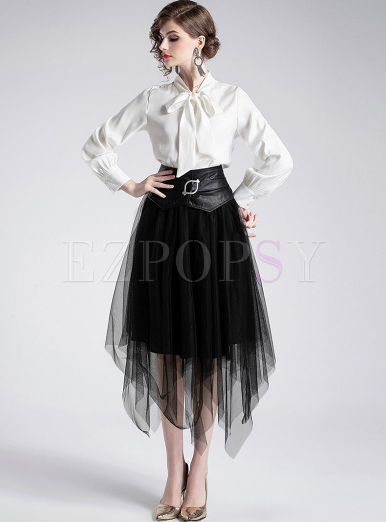 White Tie-collar Slim Blouse & Gauze High Waist Asymmetric Skirt