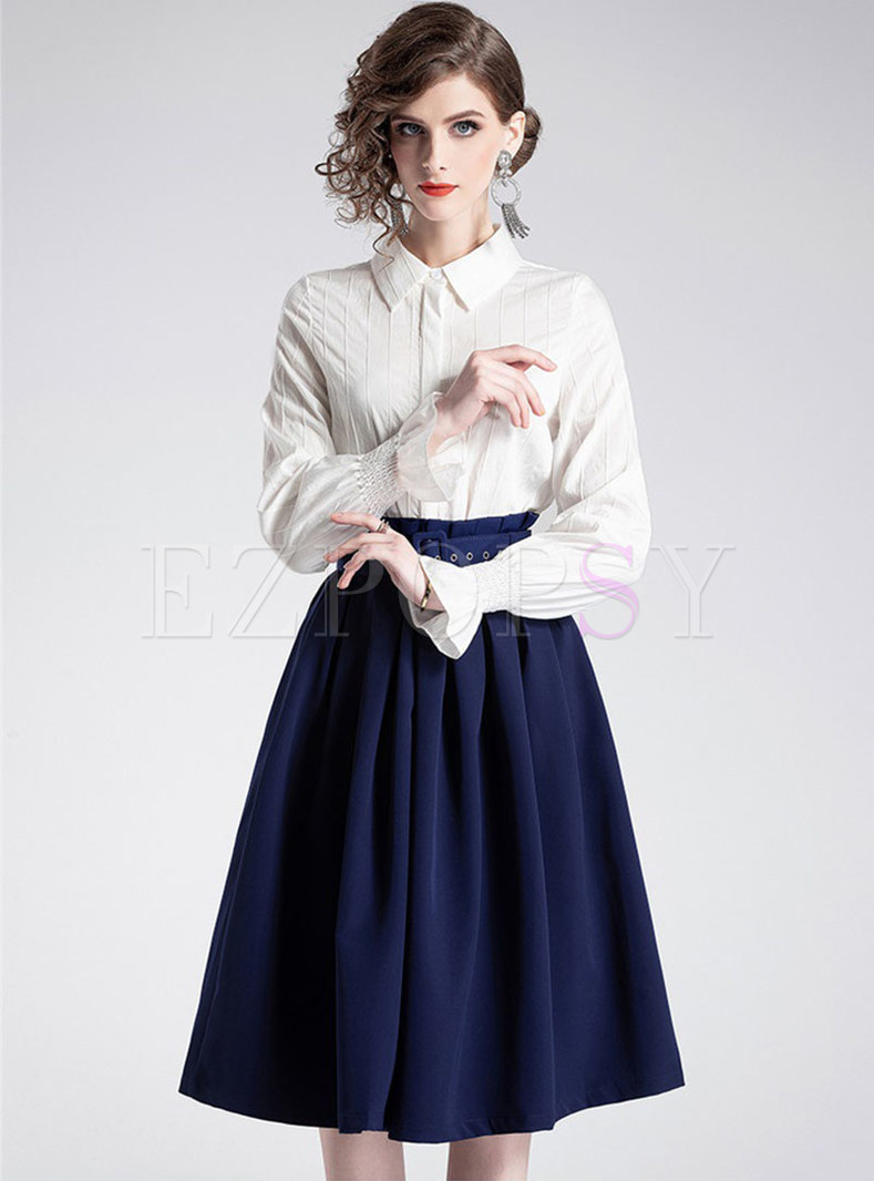 Chic Lapel Flare Sleeve Slim Blouse & High Waist Belted A Line Skirt