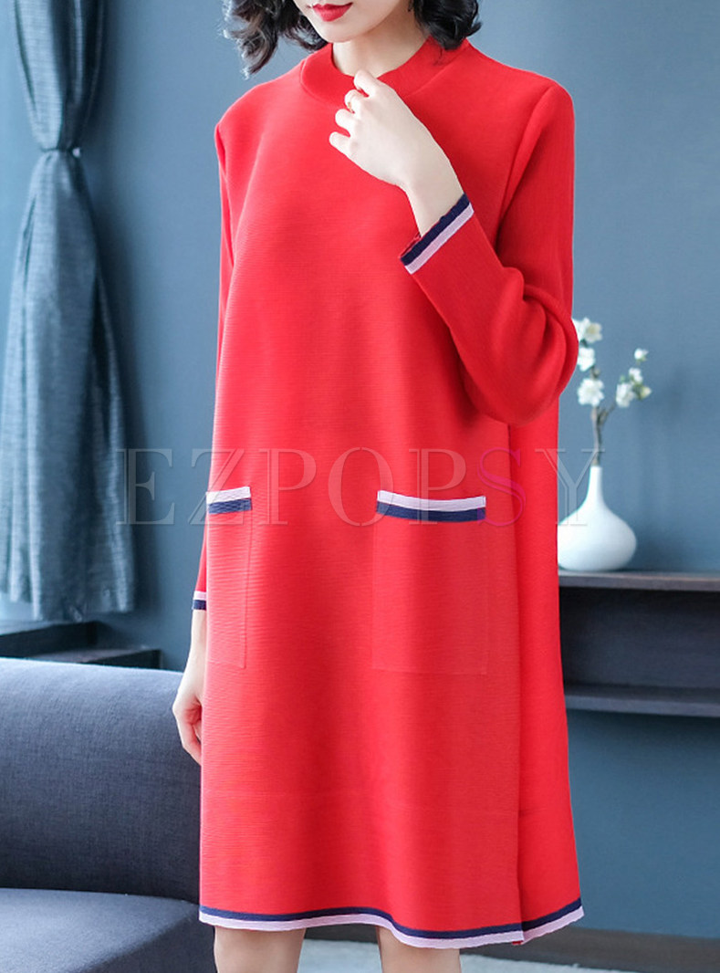 Fashion Standing Collar Color-blocked Shift Dress