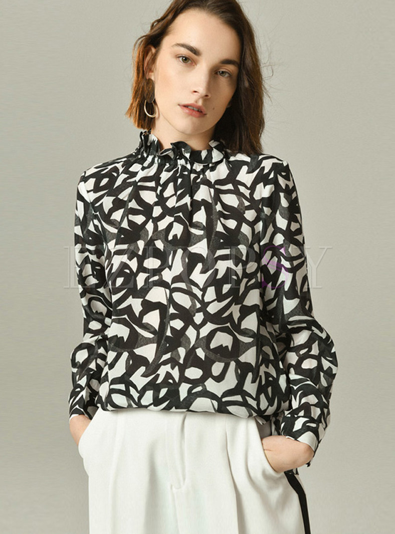 Standing Collar Long Sleeve Pullover Print Blouse
