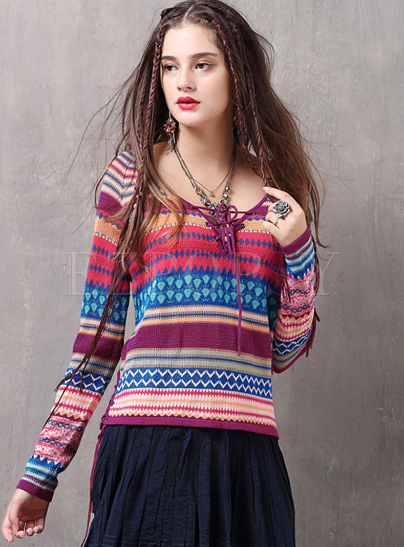 V-neck Color-blocked Tied Pullover Print Sweater