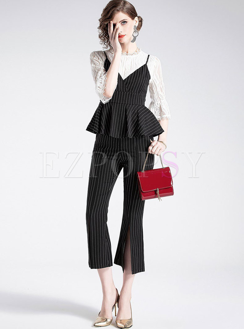 Flare Sleeve Lace Blouse With Striped Vest & Striped Flare Pants