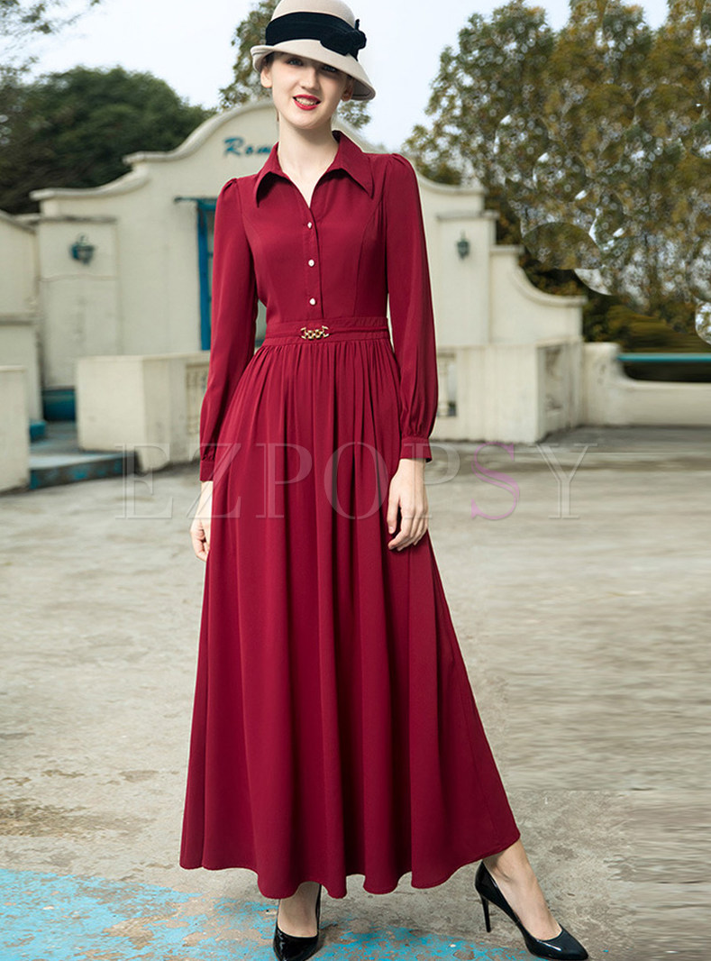 Solid Color Lapel Long Sleeve Big Hem Chiffon Maxi Dress