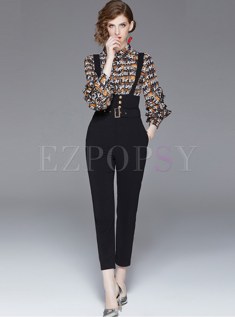 Two-piece Outfits | Two-piece Outfits | Fashion Lapel Print Blouse ...