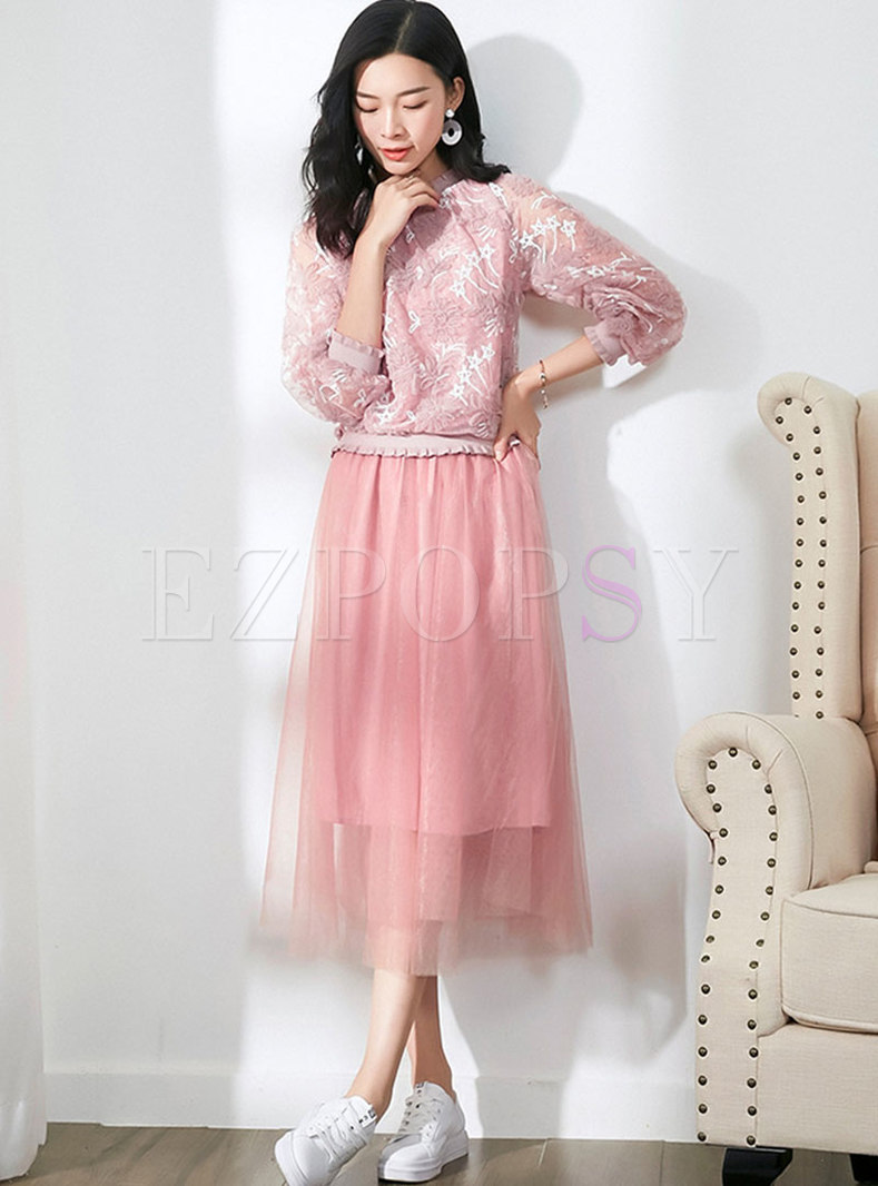Sweet Pink O-neck Lace Blouse & Elastic Waist Gauze Skirt