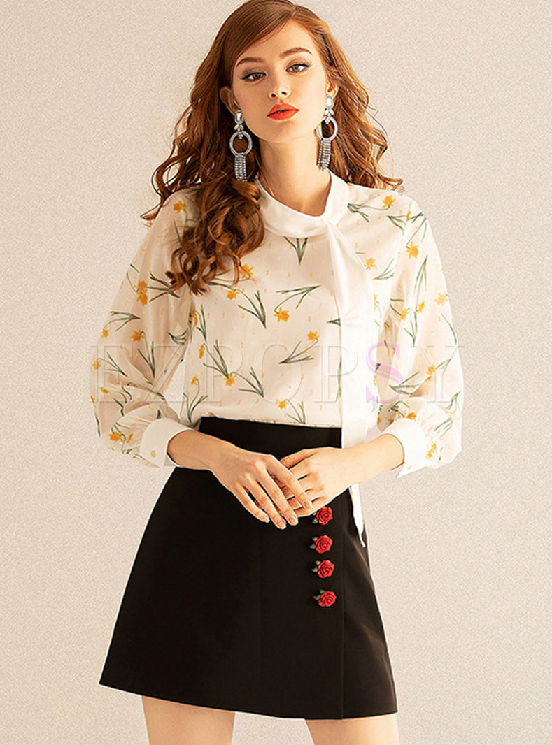 Standing Collar Tied Long Sleeve Print Blouse