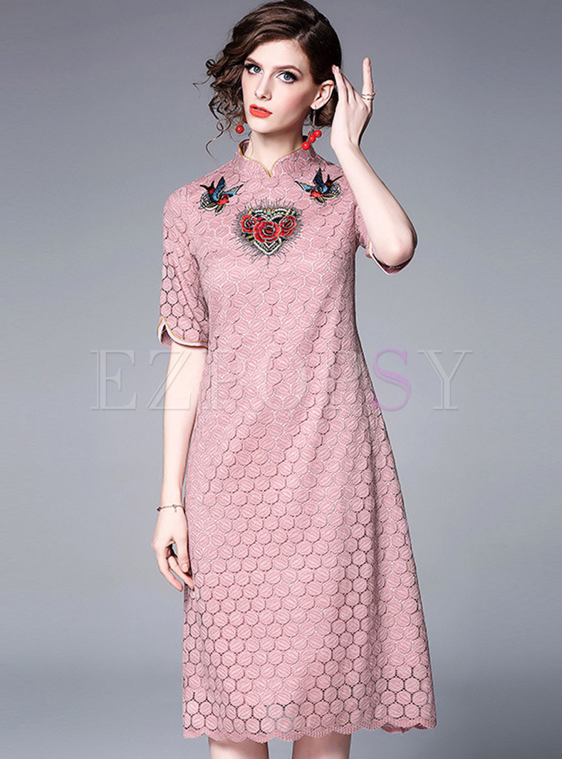 Vintage Mandarin Collar Half Sleeve Embroidered Dress