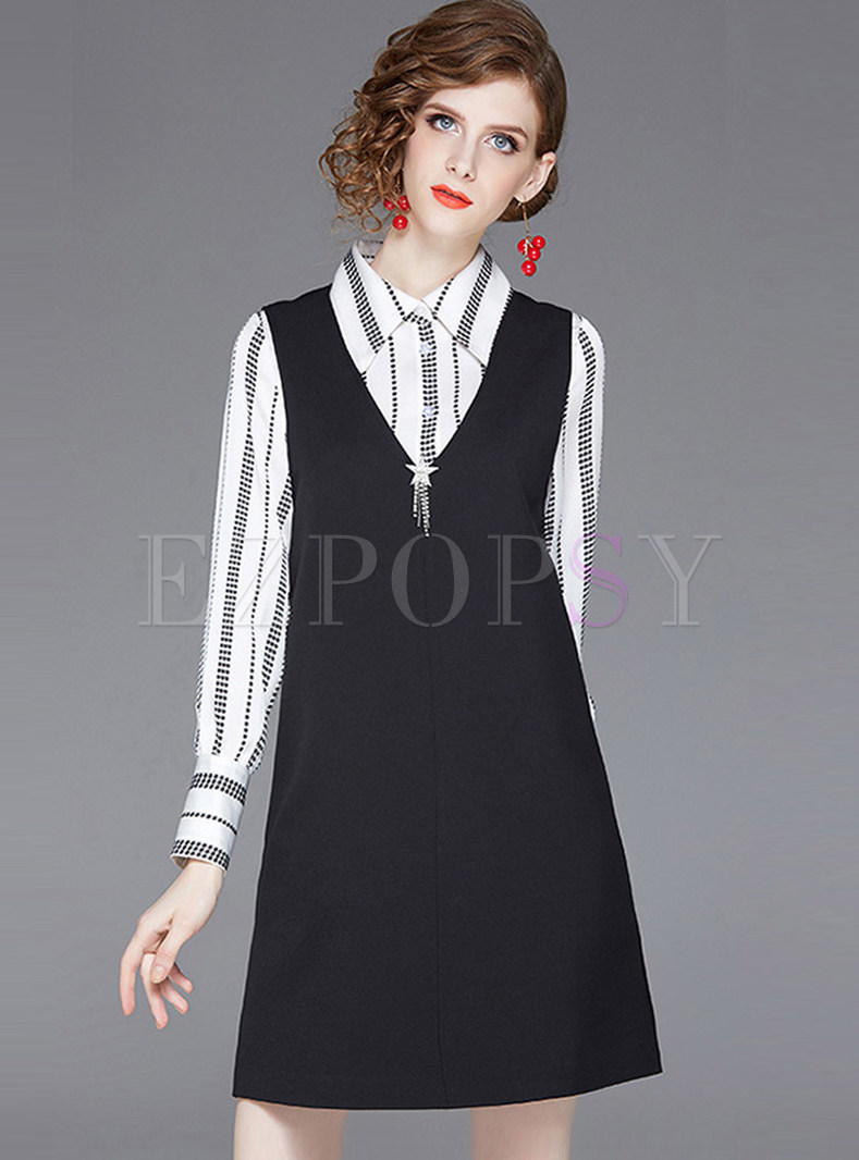 Style Lapel Long Sleeve Blouse & V-neck Sleeveless Mini Dress