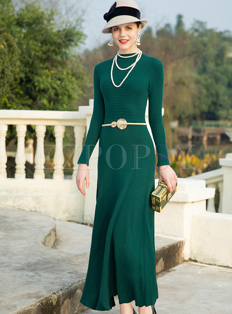Fashion O-neck Long Sleeve Big Hem Knitted Maxi Dress