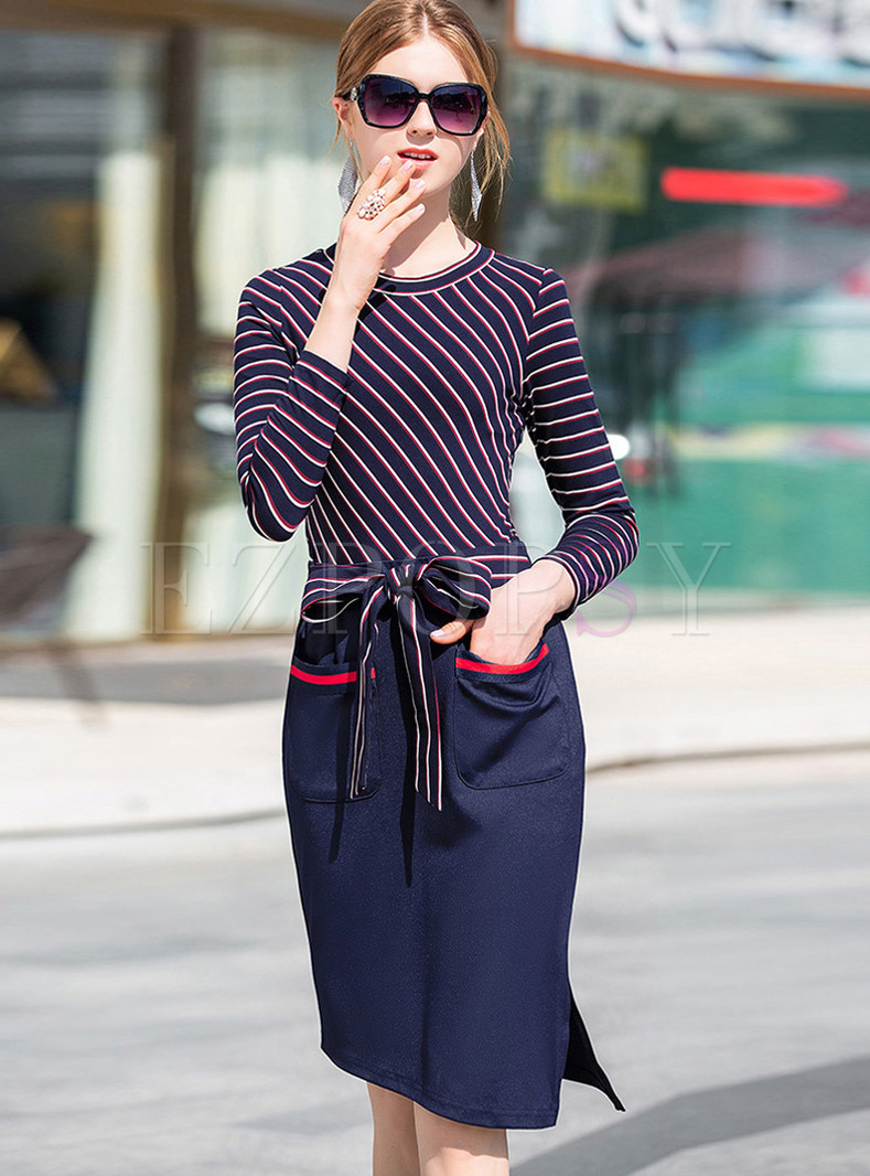 O-neck Long Sleeve Striped Splicing Asymmetric Slim Dress