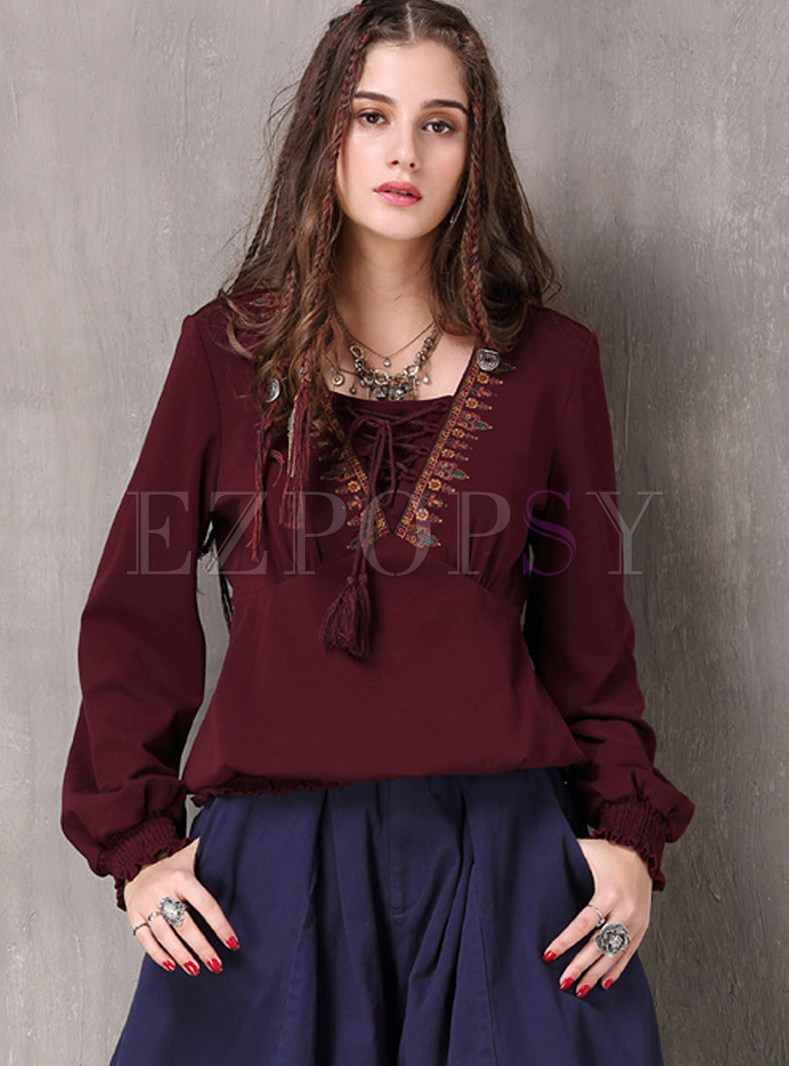 Ethnic V-neck Embroidered Plus Size Tied Sweater