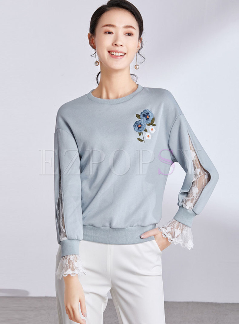 Casual Lace Splicing O-neck Embroidered Loose Sweatshirt