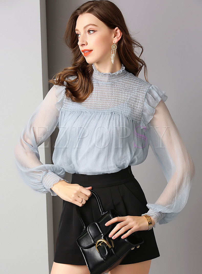 Standing Collar Perspective Silk Blouse With Sling