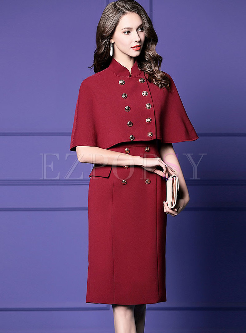 Solid Color Sleeveless Sheath Dress & Stand Collar Double-breasted Cape