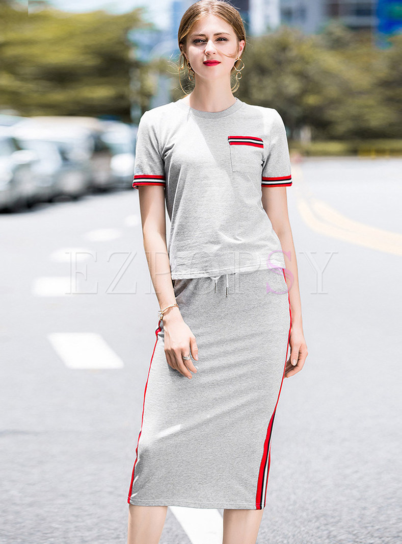 Casual O-neck Short Sleeve T-shirt & Elastic Waist Skirt