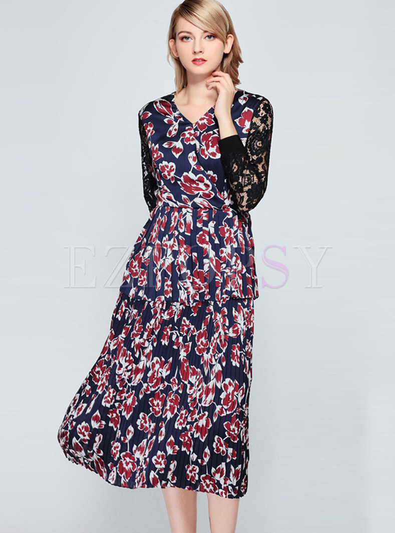 V-neck Splicing Hollow Out Long Sleeve Pleated Dress
