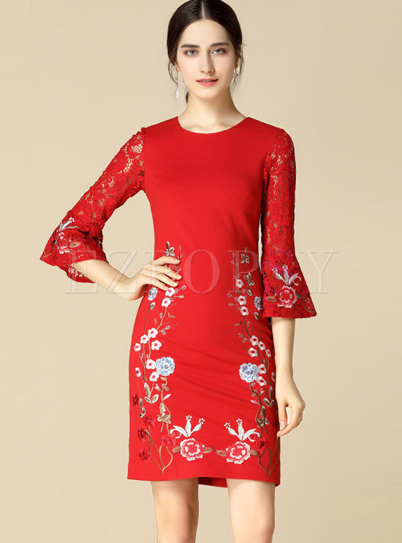 Elegant O-neck Flare Sleeve Embroidered Bodycon Dress