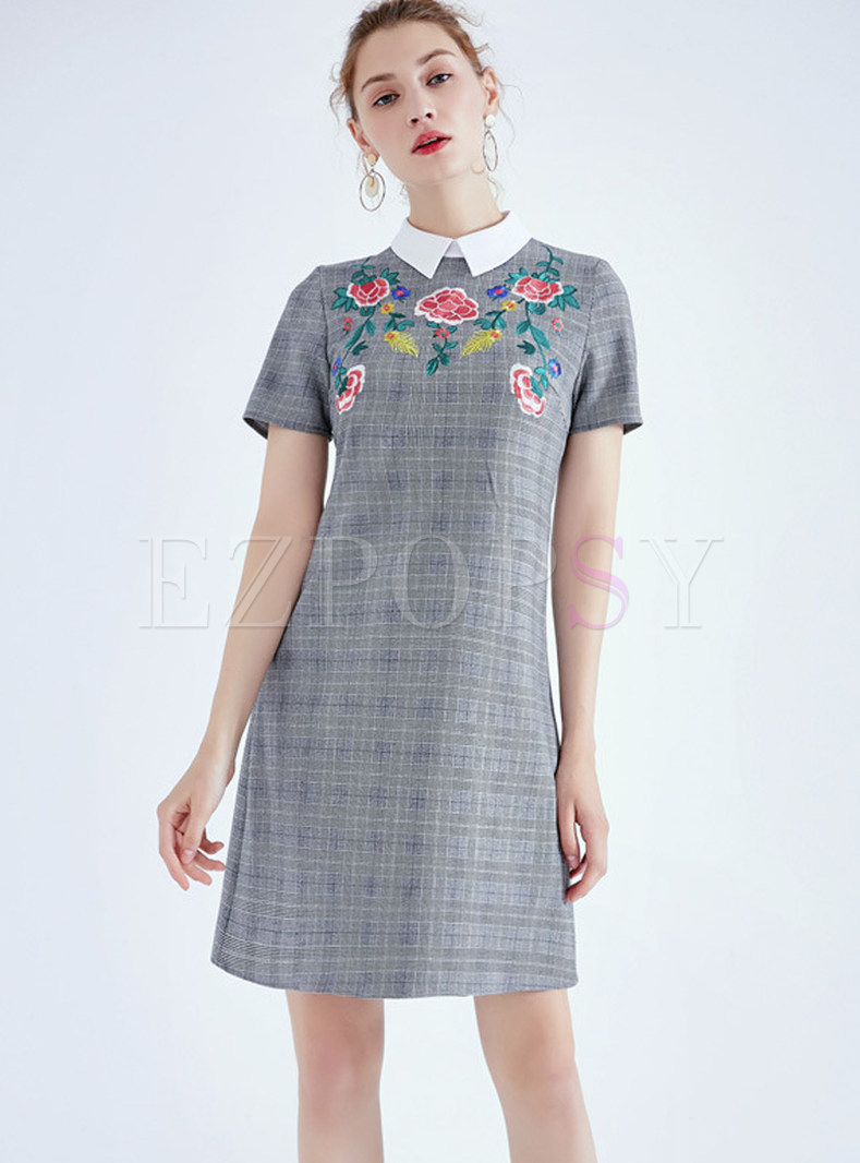 Color-blocked Lapel Short Sleeve Embroidered Plaid Dress