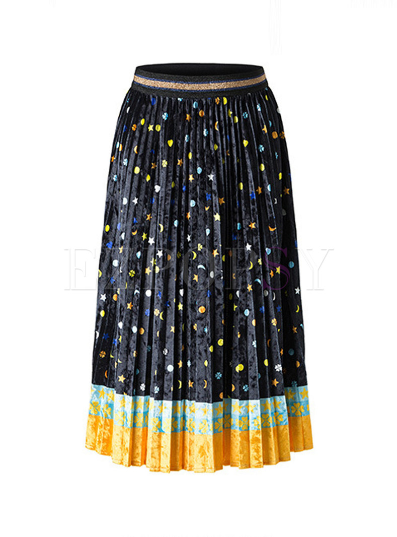 Fashion Elastic Waist Print Pleated Skirt