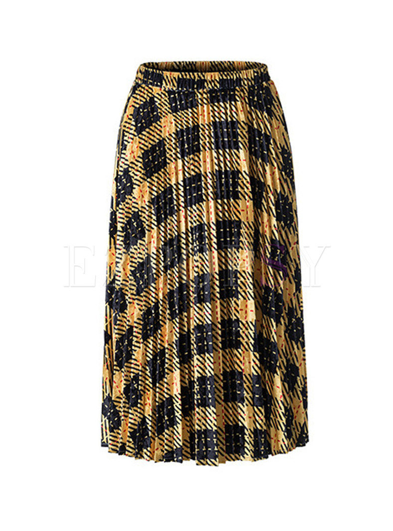 Stylish Color-blocked Plaid Gold Velvet Skirt