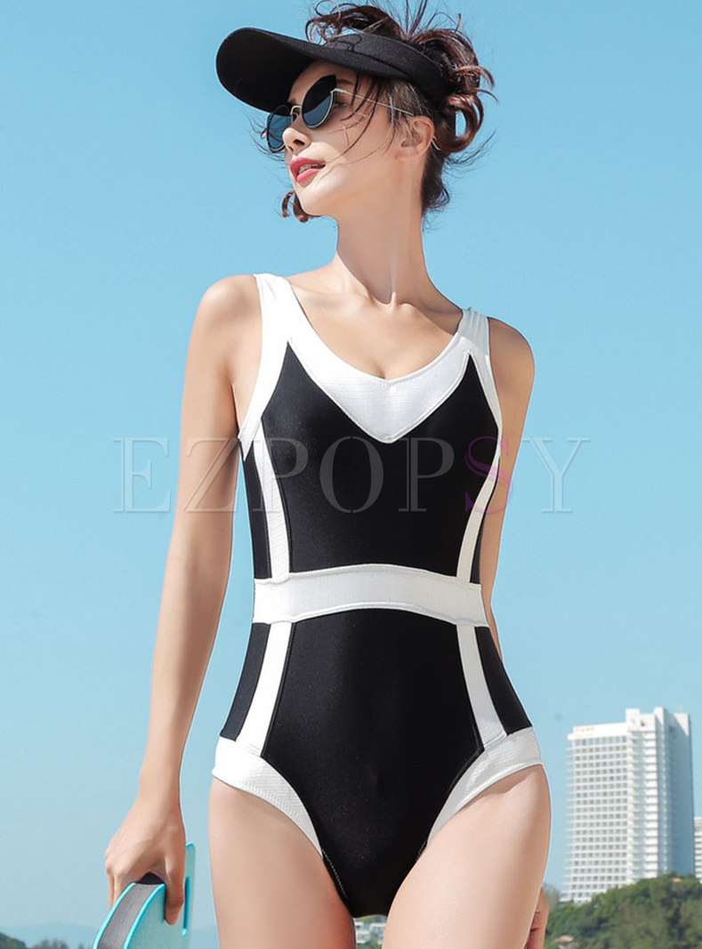 Color-blocked O-neck Backless One Piece Swimwear